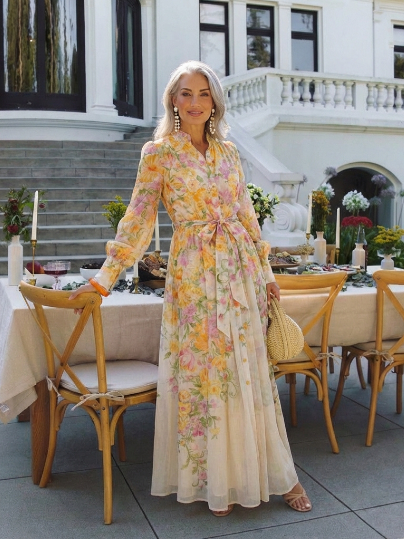 Cressida | Abito maxi floreale trasparente con maniche lunghe