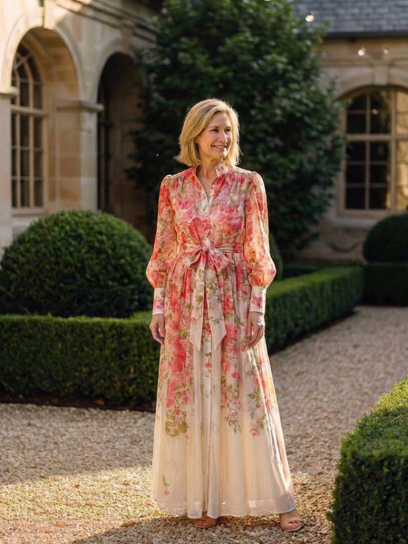 Cressida | Abito maxi floreale trasparente con maniche lunghe