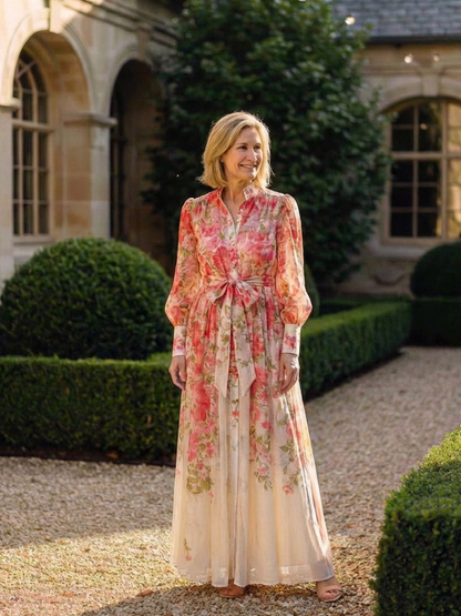 Cressida | Abito maxi floreale trasparente con maniche lunghe